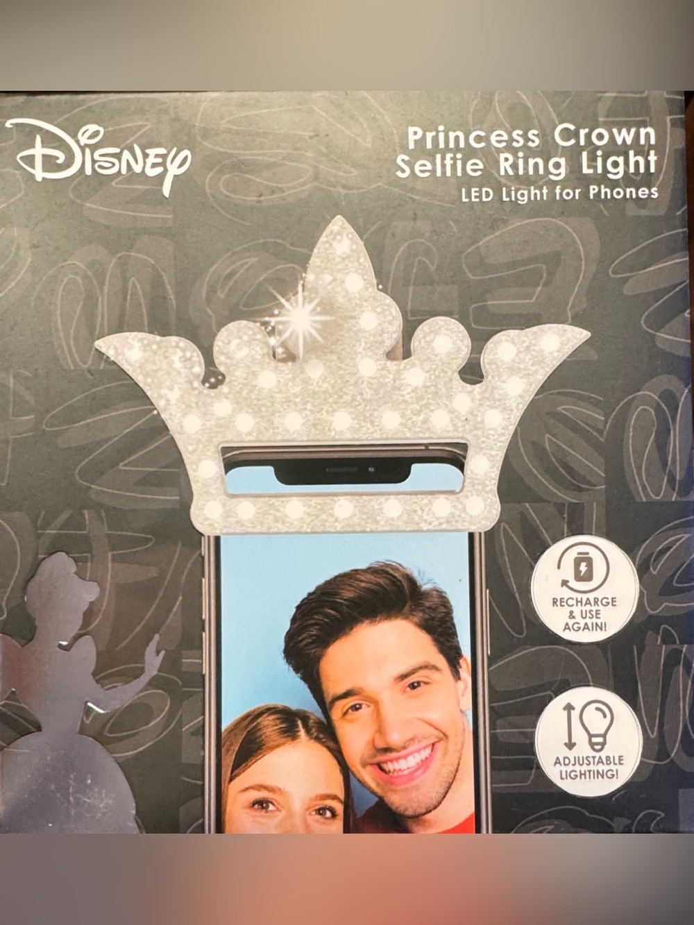 Disney Silver Glitter Princess Crown Phone Ring Light